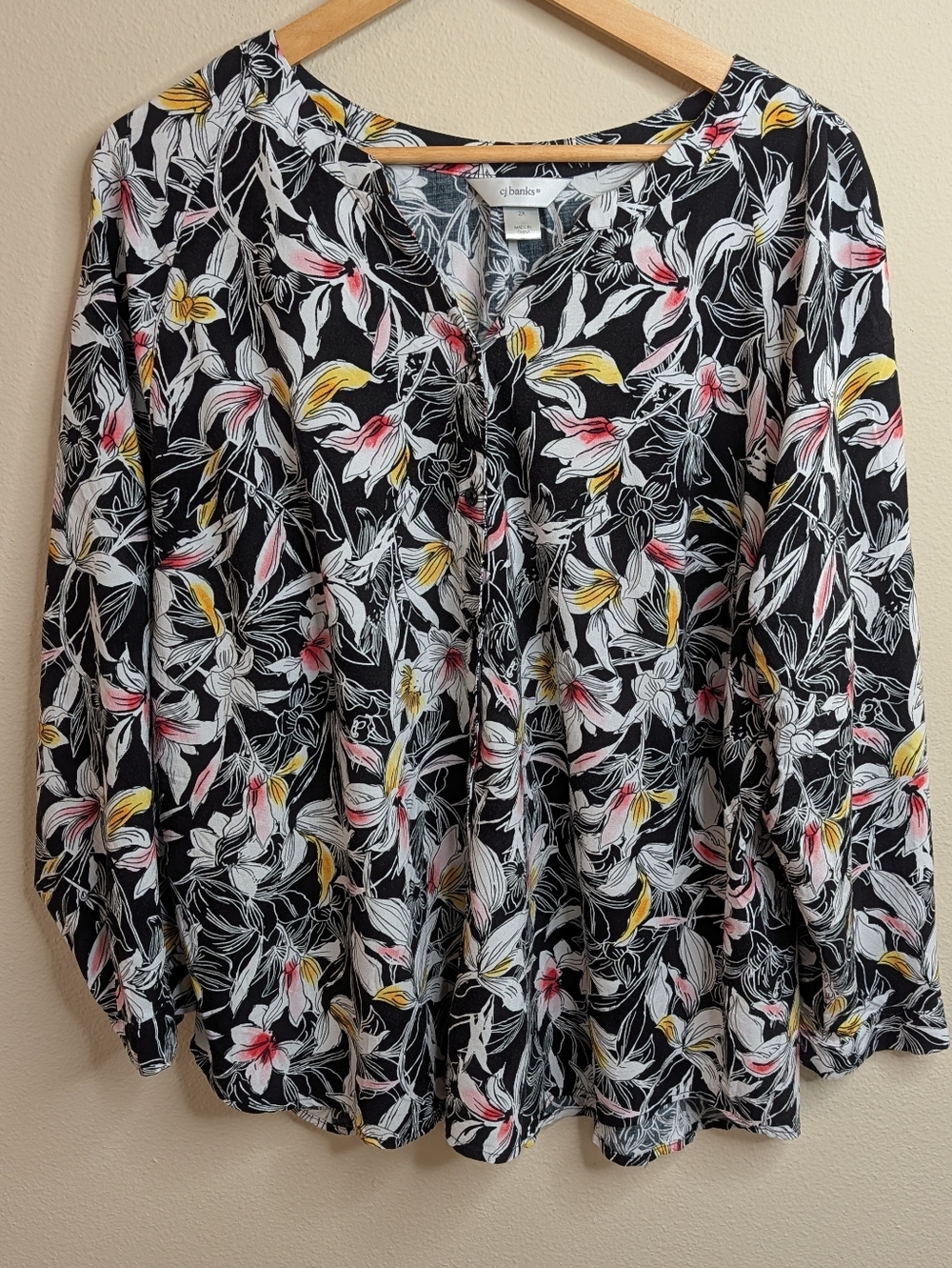 CJ Banks by Christopher & Banks Floral Blouse | Plus Size 2X | Black‎